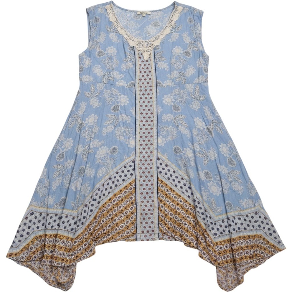 Y2K Floral Handkerchief Hem Midi Dress Womens Large Blue Rayon Boho